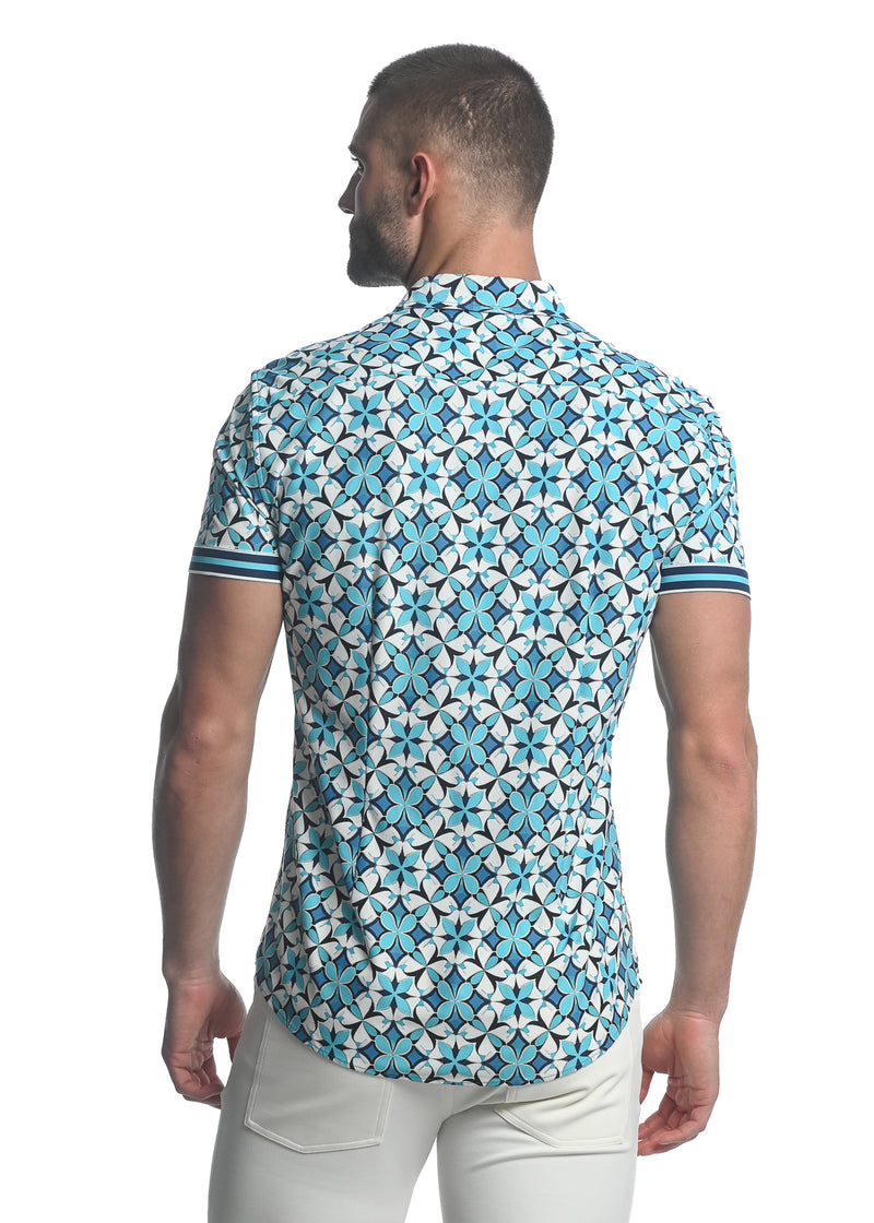 TEAL/ NAVY STAR FLEUR PRINTED SHORT SLEEVE PERFORMANCE SHIRT ST-26003