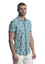 TEAL/ NAVY STAR FLEUR PRINTED SHORT SLEEVE PERFORMANCE SHIRT ST-26003