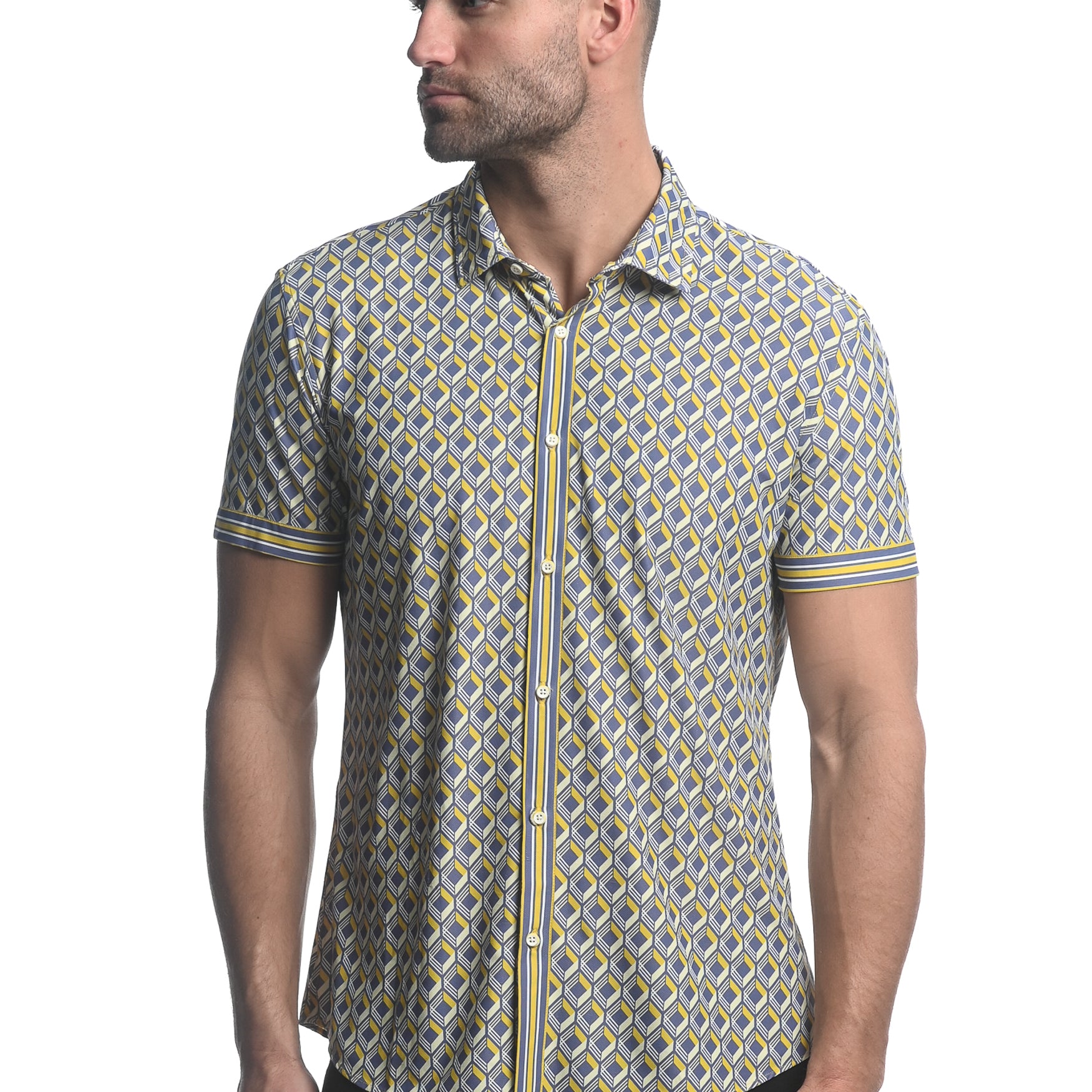 GREY/ YELLOW 3D SQUARES PRINTED SHORT SLEEVE PERFORMANCE SHIRT ST-26005