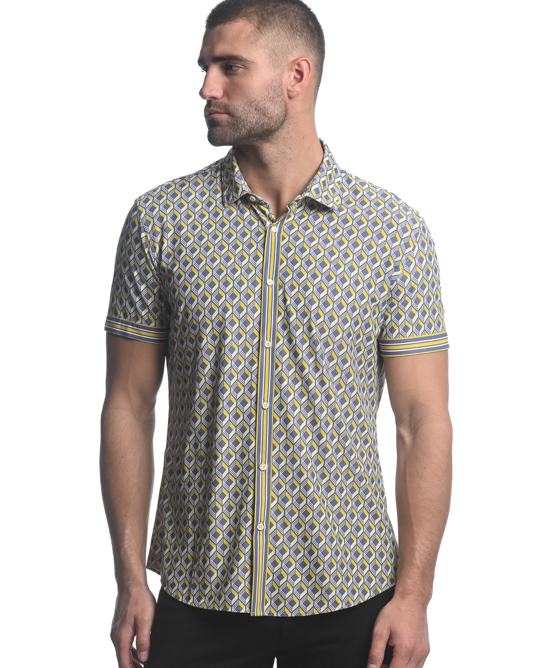 GREY/ YELLOW 3D SQUARES PRINTED SHORT SLEEVE PERFORMANCE SHIRT ST-26005