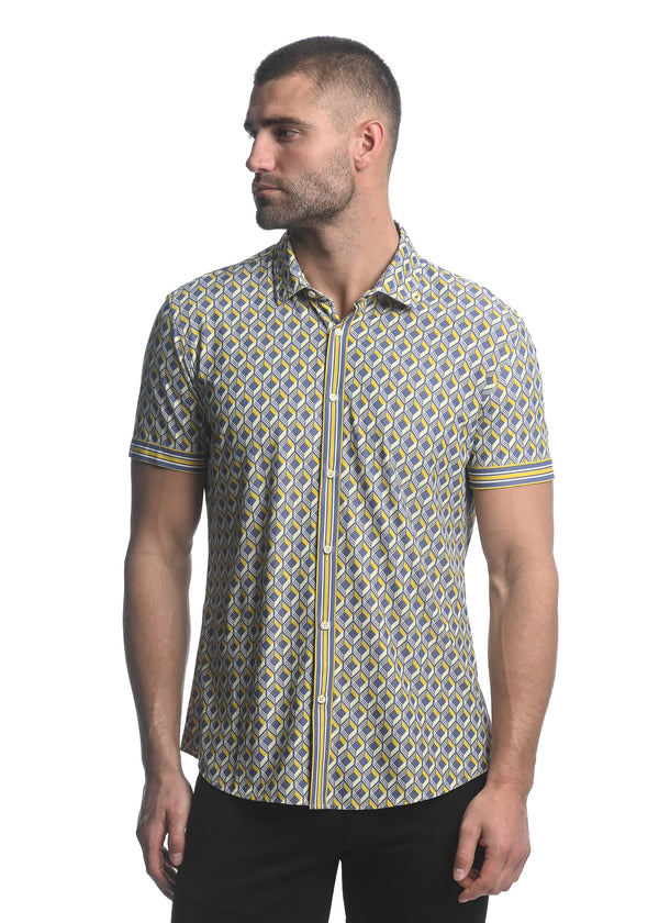 GREY/ YELLOW 3D SQUARES PRINTED SHORT SLEEVE PERFORMANCE SHIRT ST-26005