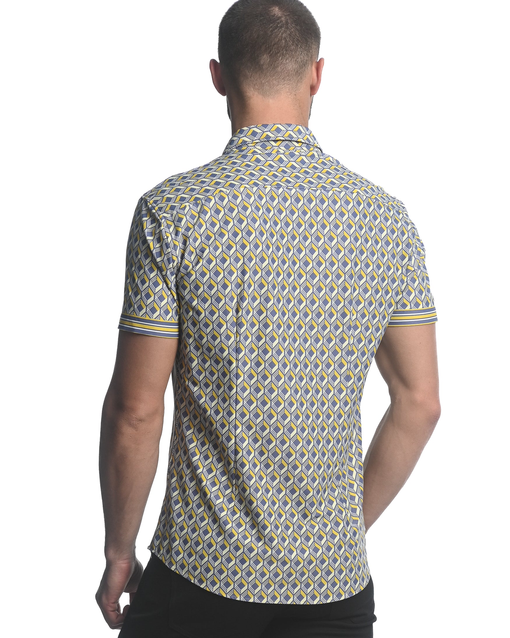 GREY/ YELLOW 3D SQUARES PRINTED SHORT SLEEVE PERFORMANCE SHIRT ST-26005