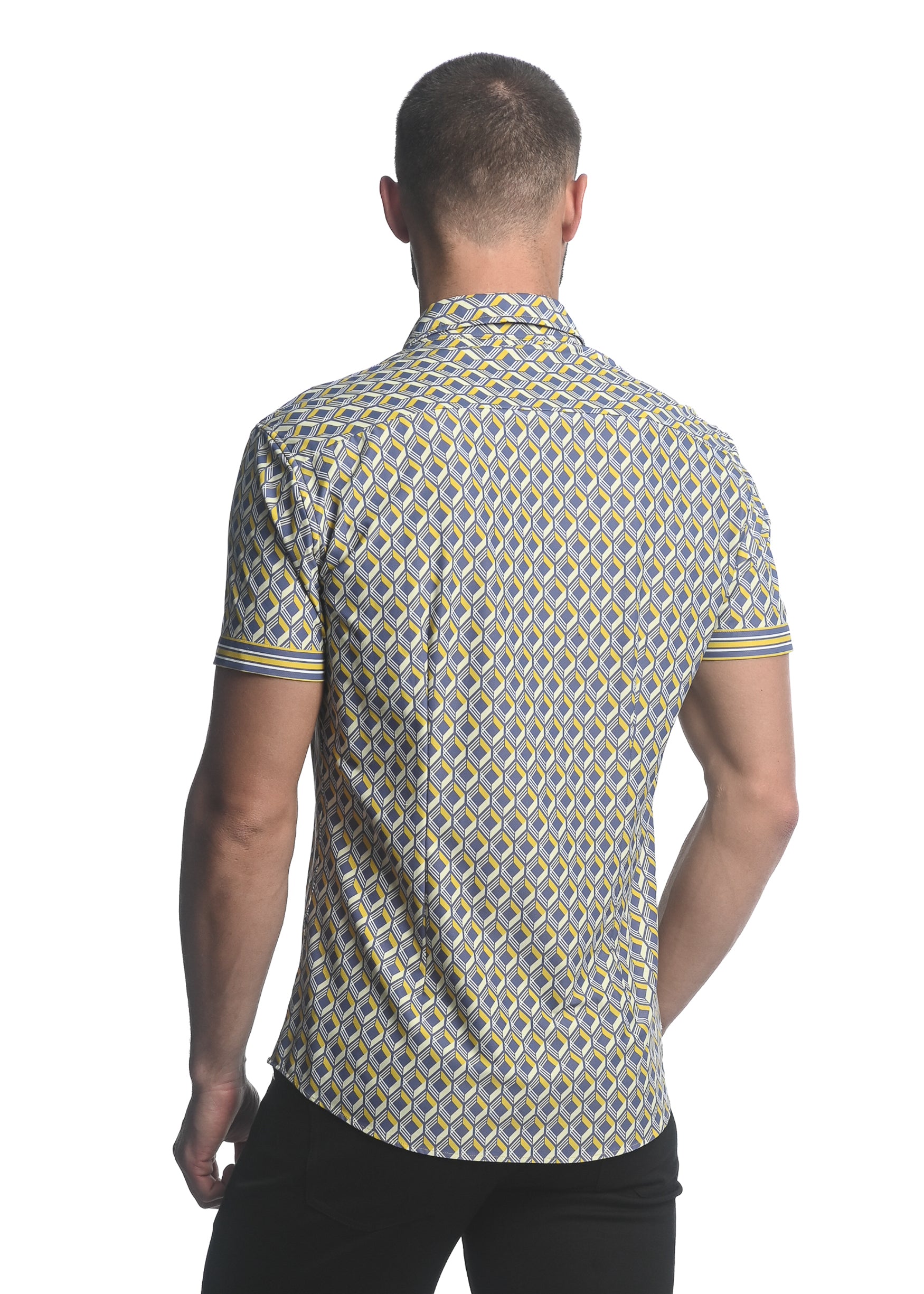 GREY/ YELLOW 3D SQUARES PRINTED SHORT SLEEVE PERFORMANCE SHIRT ST-26005