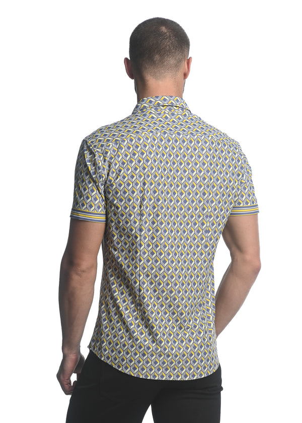 GREY/ YELLOW 3D SQUARES PRINTED SHORT SLEEVE PERFORMANCE SHIRT ST-26005
