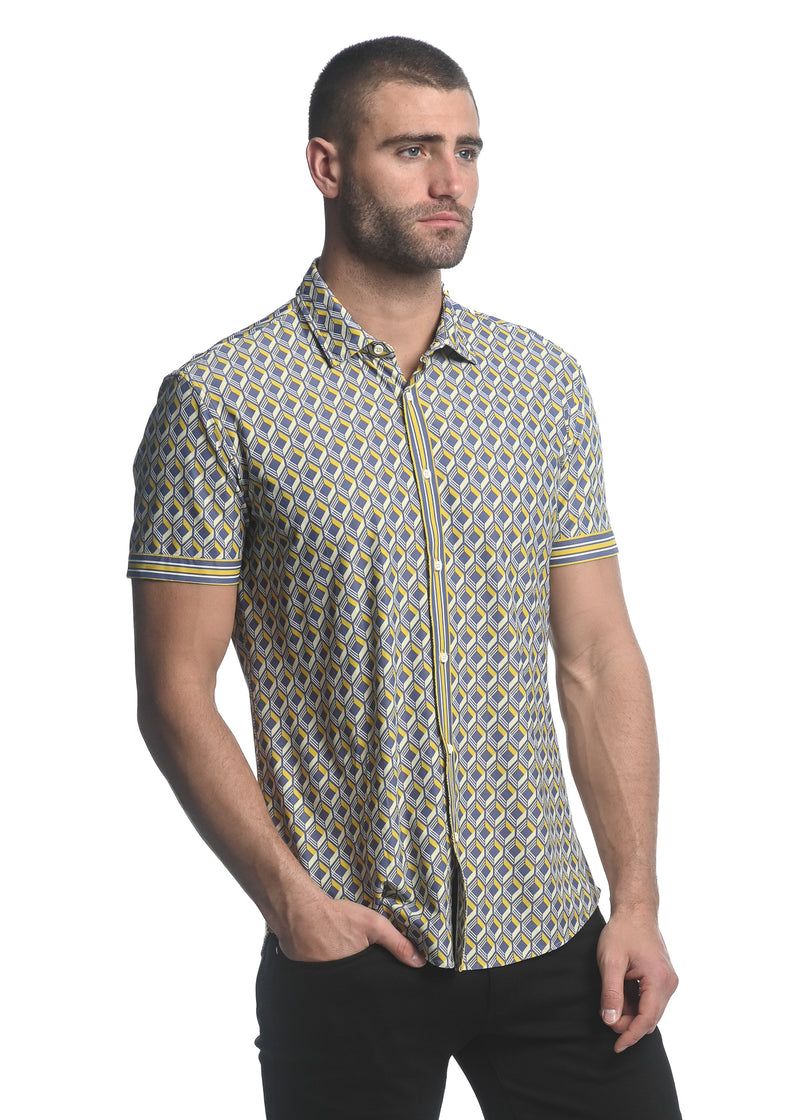 GREY/ YELLOW 3D SQUARES PRINTED SHORT SLEEVE PERFORMANCE SHIRT ST-26005