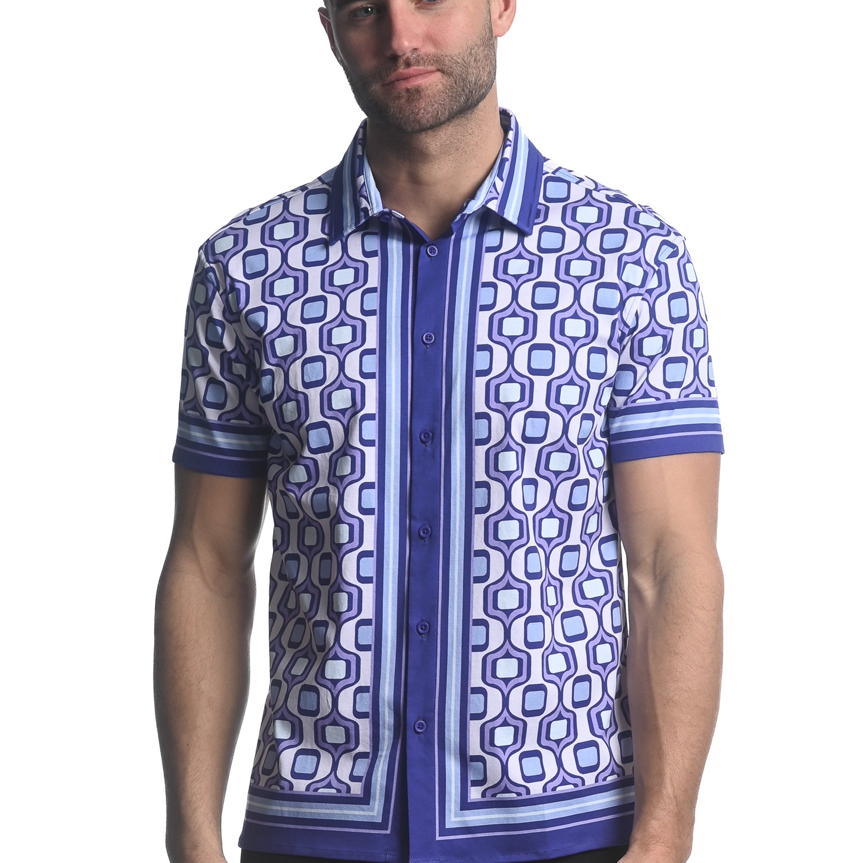 PURPLE/ PERIWINKLE TOPS PRINTED JERSEY KNIT BORDER SHORT SLEEVE SHIRT ST-26010