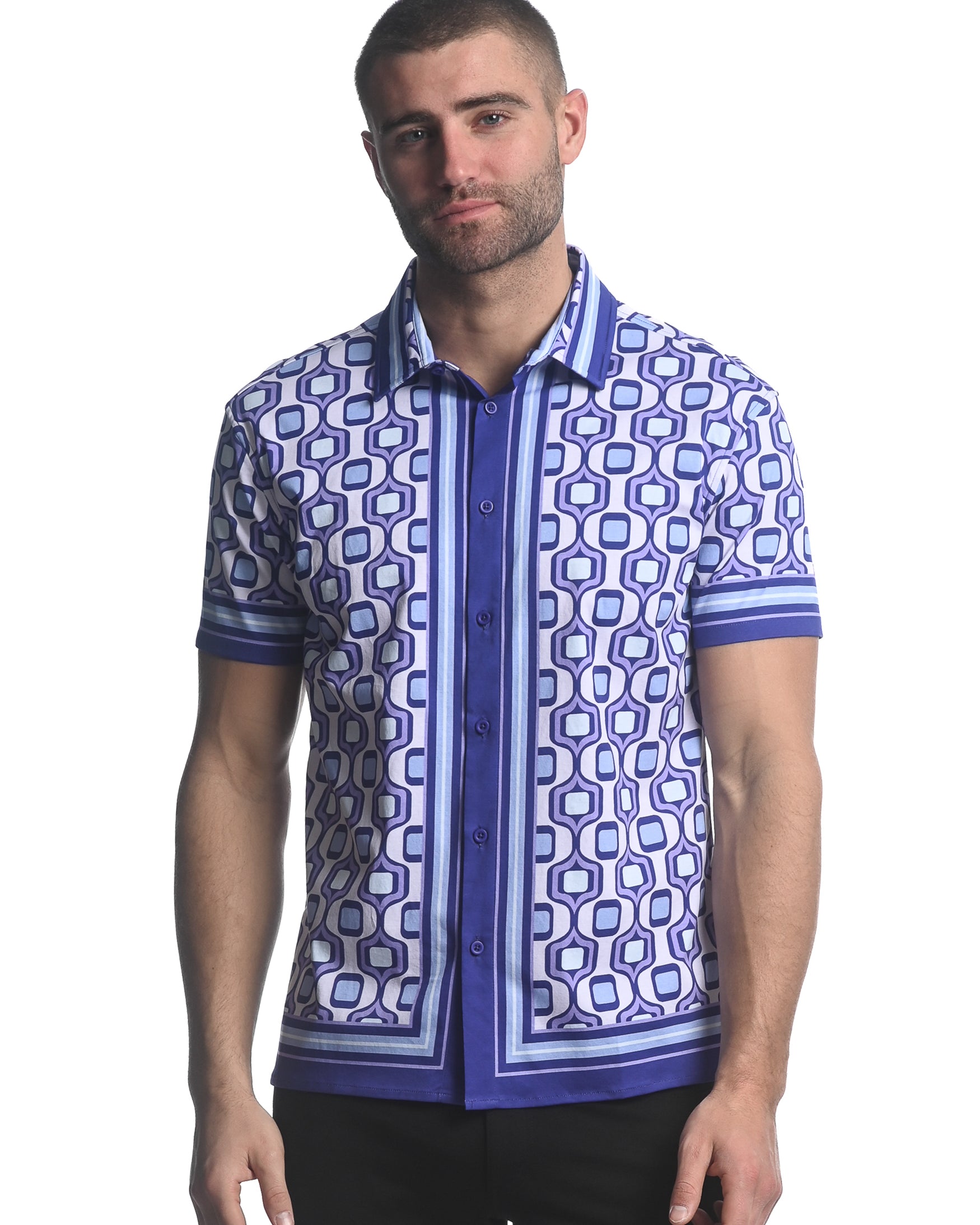 PURPLE/ PERIWINKLE TOPS PRINTED JERSEY KNIT BORDER SHORT SLEEVE SHIRT ST-26010