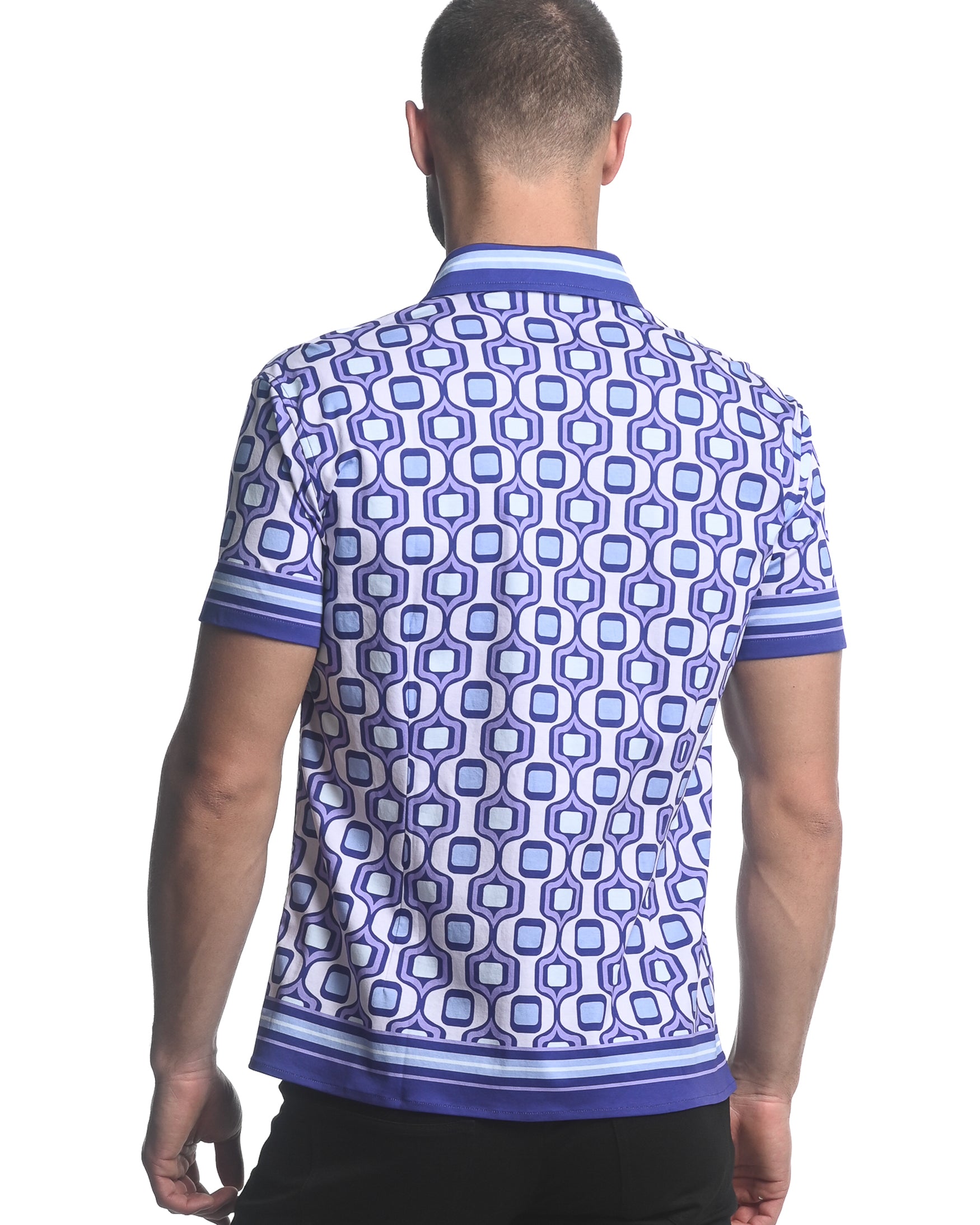 PURPLE/ PERIWINKLE TOPS PRINTED JERSEY KNIT BORDER SHORT SLEEVE SHIRT ST-26010