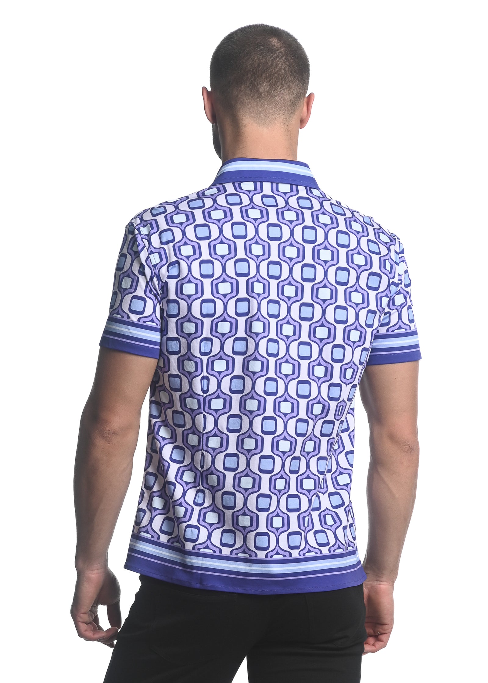PURPLE/ PERIWINKLE TOPS PRINTED JERSEY KNIT BORDER SHORT SLEEVE SHIRT