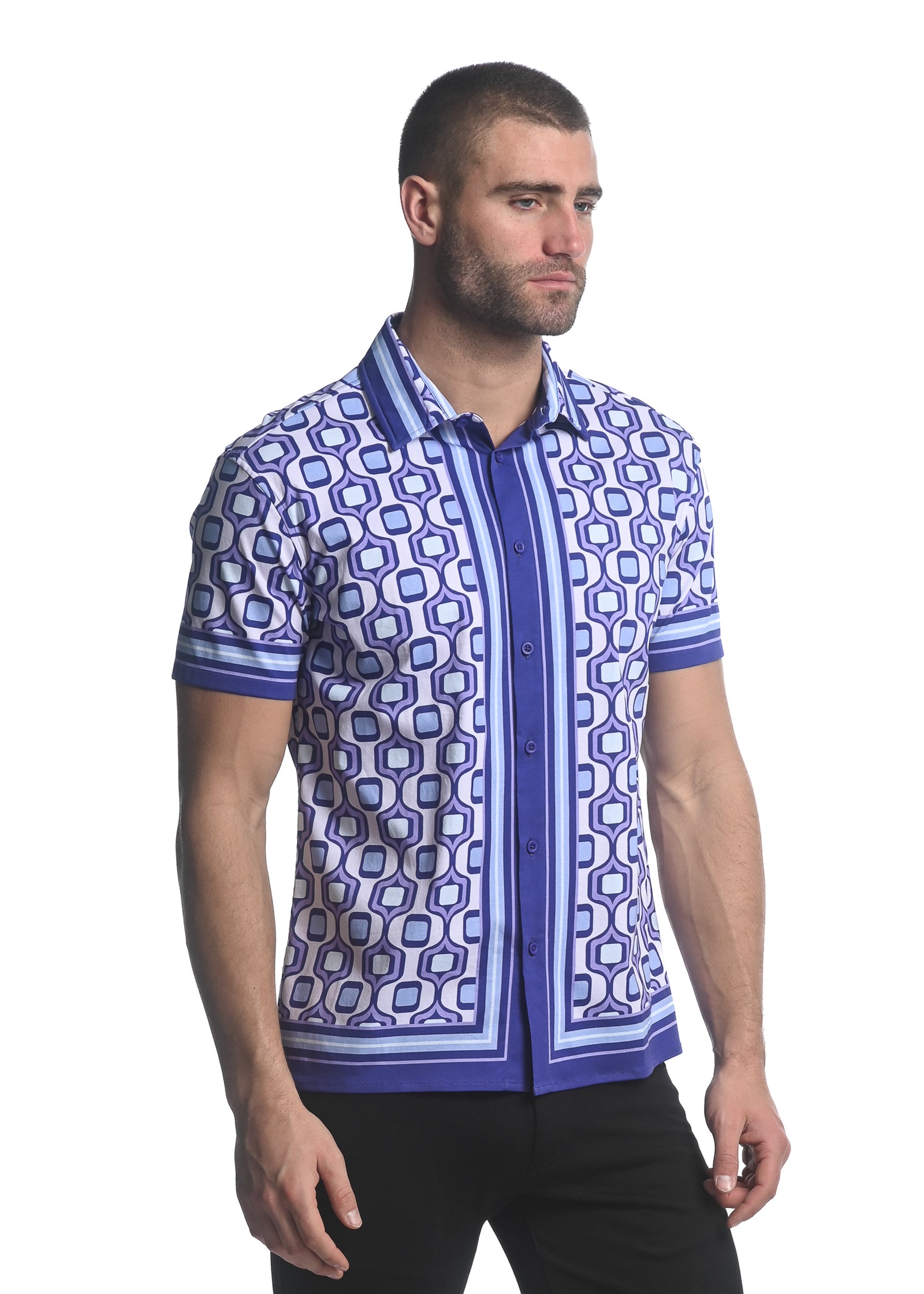 PURPLE/ PERIWINKLE TOPS PRINTED JERSEY KNIT BORDER SHORT SLEEVE SHIRT