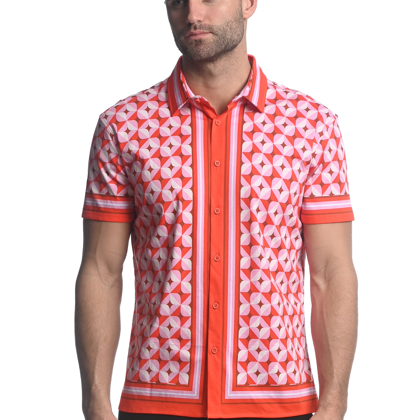 CORAL/ BLUSH STAR CLOVERS PRINTED JERSEY KNIT BORDER SHORT SLEEVE SHIRT ST-26011