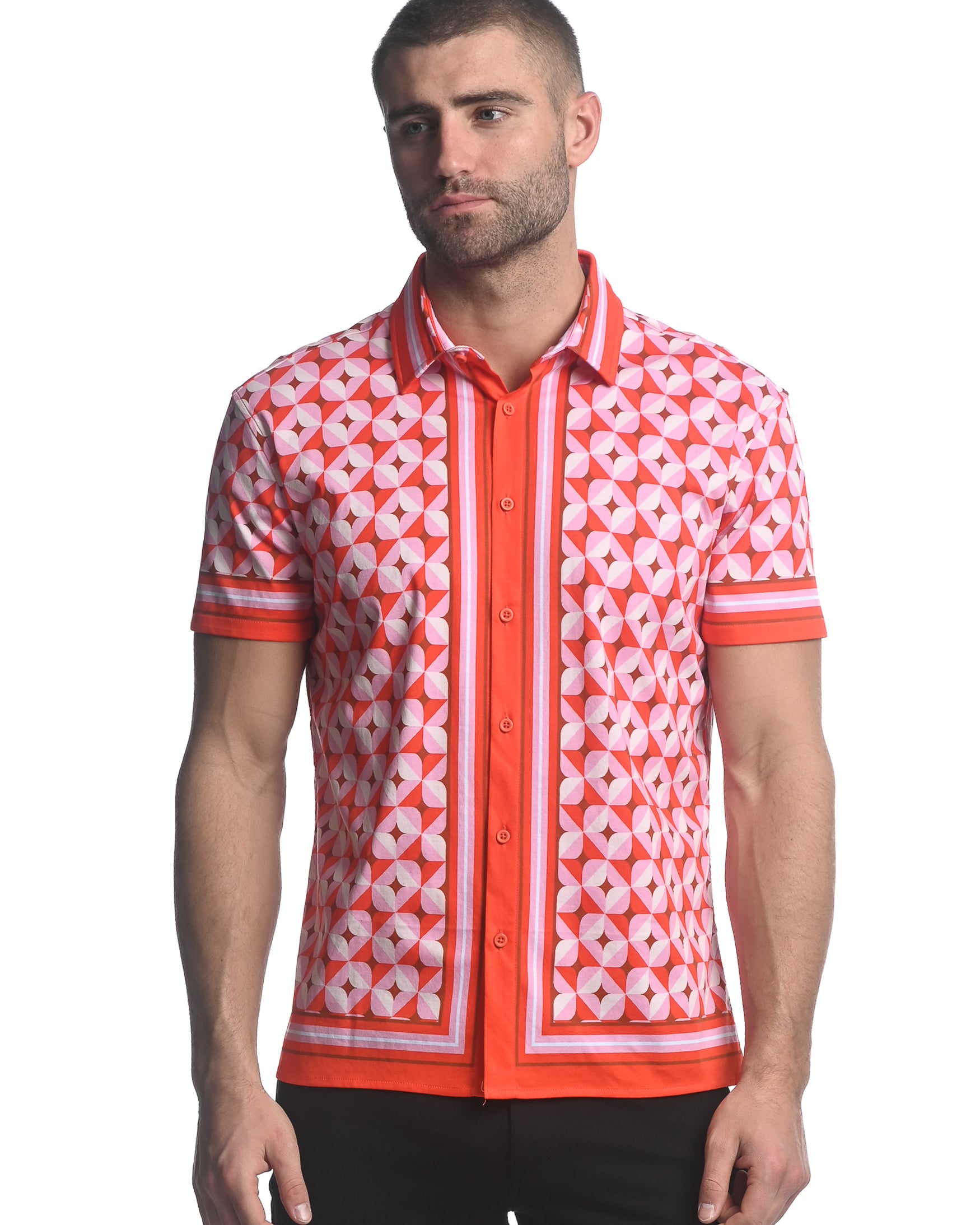 CORAL/ BLUSH STAR CLOVERS PRINTED JERSEY KNIT BORDER SHORT SLEEVE SHIRT ST-26011