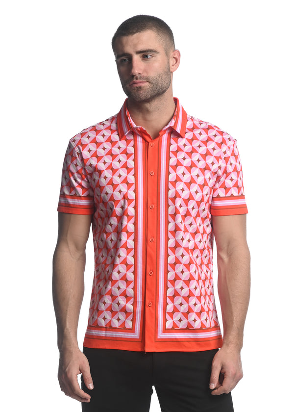 CORAL/ BLUSH STAR CLOVERS PRINTED JERSEY KNIT BORDER SHORT SLEEVE SHIRT ST-26011