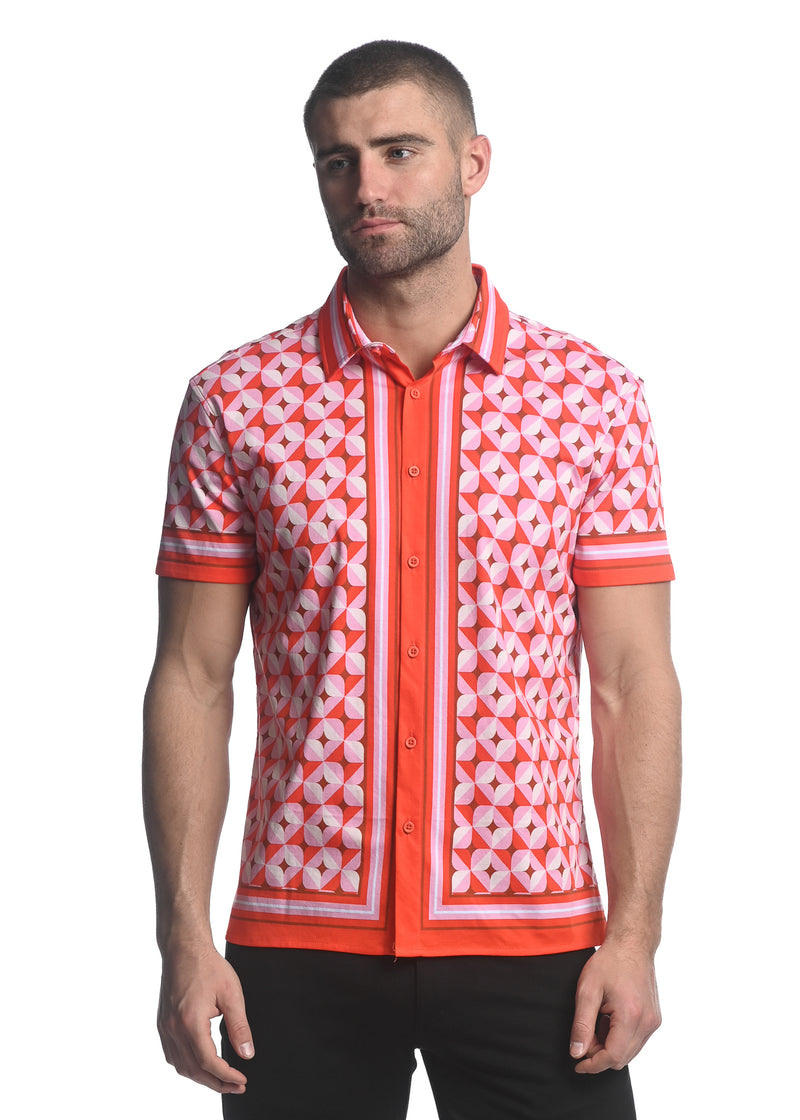 CORAL/ BLUSH STAR CLOVERS PRINTED JERSEY KNIT BORDER SHORT SLEEVE SHIRT ST-26011
