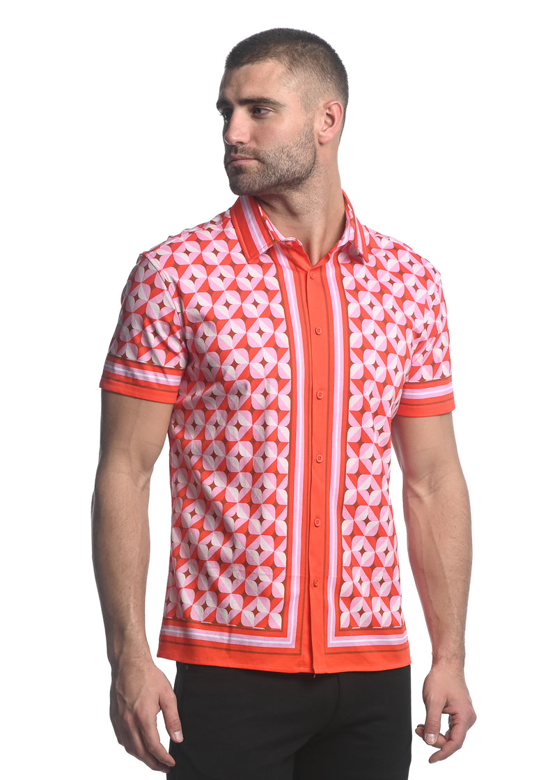 CORAL/ BLUSH STAR CLOVERS PRINTED JERSEY KNIT BORDER SHORT SLEEVE SHIRT ST-26011