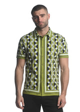OLIVE/ BLACK CIRCLES PRINTED JERSEY KNIT BORDER SHORT SLEEVE SHIRT  ST-26012
