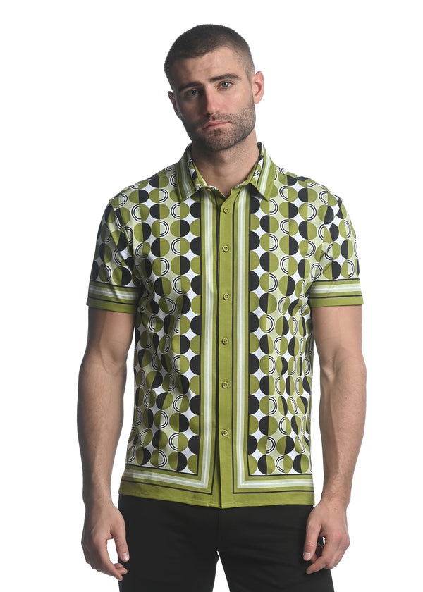 OLIVE/ BLACK CIRCLES PRINTED JERSEY KNIT BORDER SHORT SLEEVE SHIRT  ST-26012