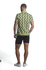 OLIVE/ BLACK CIRCLES PRINTED JERSEY KNIT BORDER SHORT SLEEVE SHIRT  ST-26012