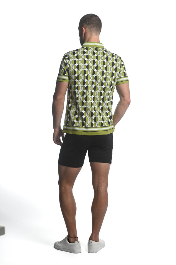 OLIVE/ BLACK CIRCLES PRINTED JERSEY KNIT BORDER SHORT SLEEVE SHIRT  ST-26012