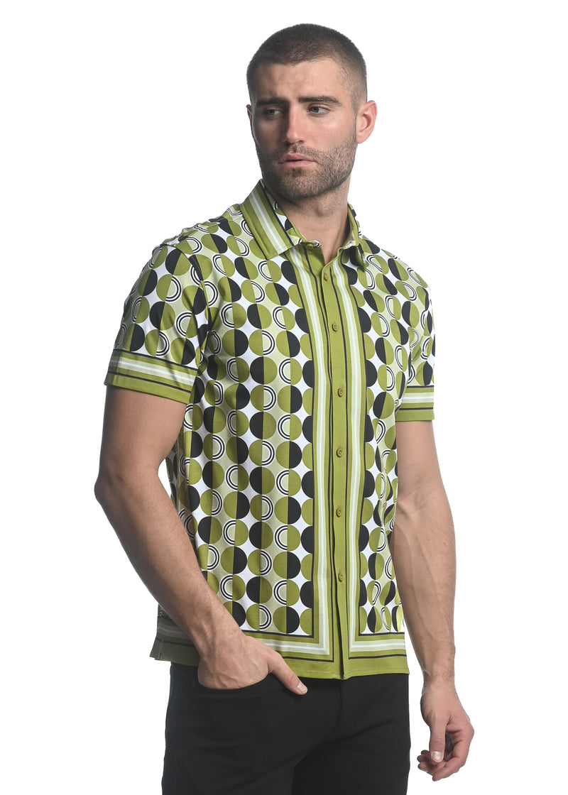 OLIVE/ BLACK CIRCLES PRINTED JERSEY KNIT BORDER SHORT SLEEVE SHIRT  ST-26012