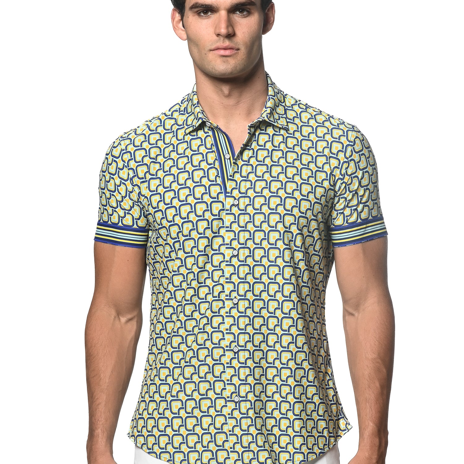 ARCTIC/NAVY RETRO SQUARES PRINTED SHORT SLEEVE PERFORMANCE SHIRT ST-26014
