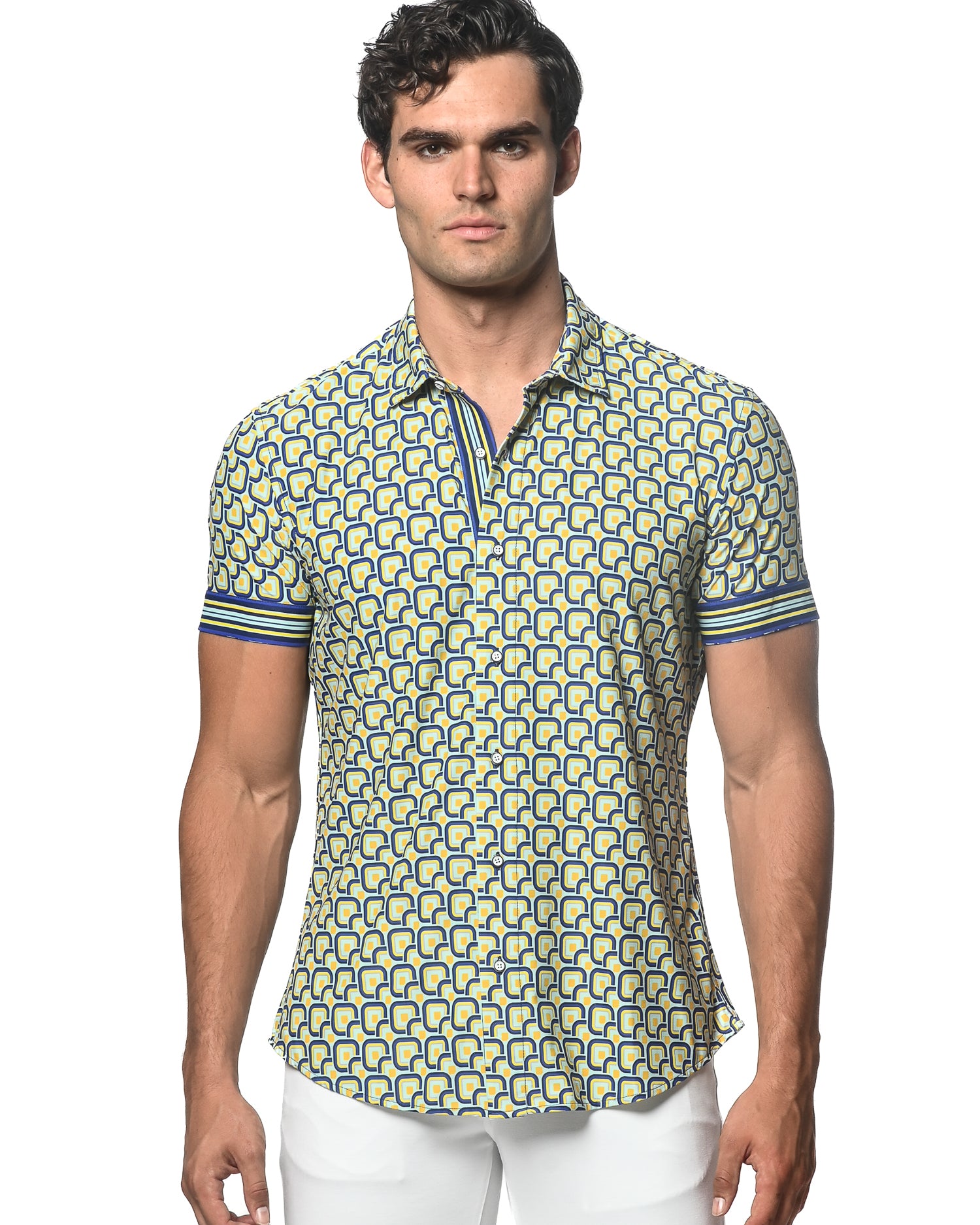 ARCTIC/NAVY RETRO SQUARES PRINTED SHORT SLEEVE PERFORMANCE SHIRT ST-26014