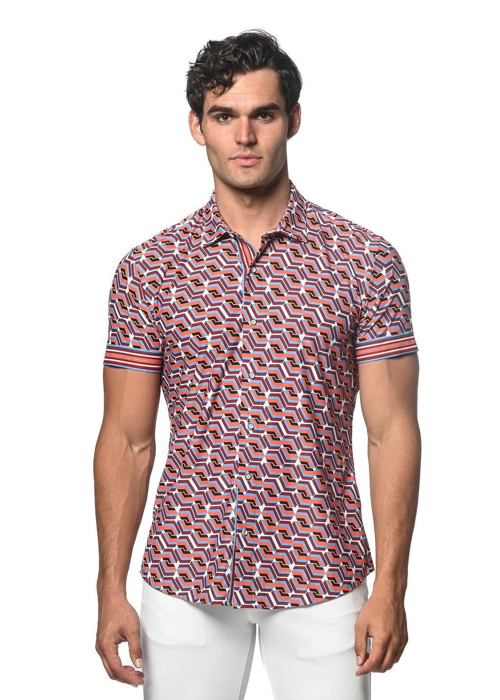 SAFFRON/SIENNA CUBES PRINTED SHORT SLEEVE PERFORMANCE SHIRT