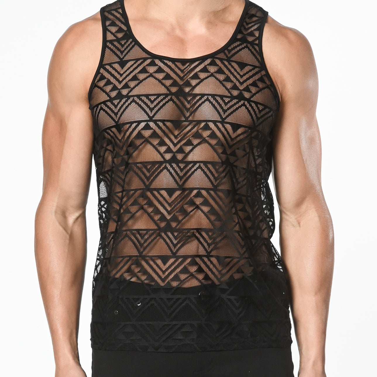 BLACK GEO ANGLES STRETCH GOSSAMER LACE TANK TOP ST-267