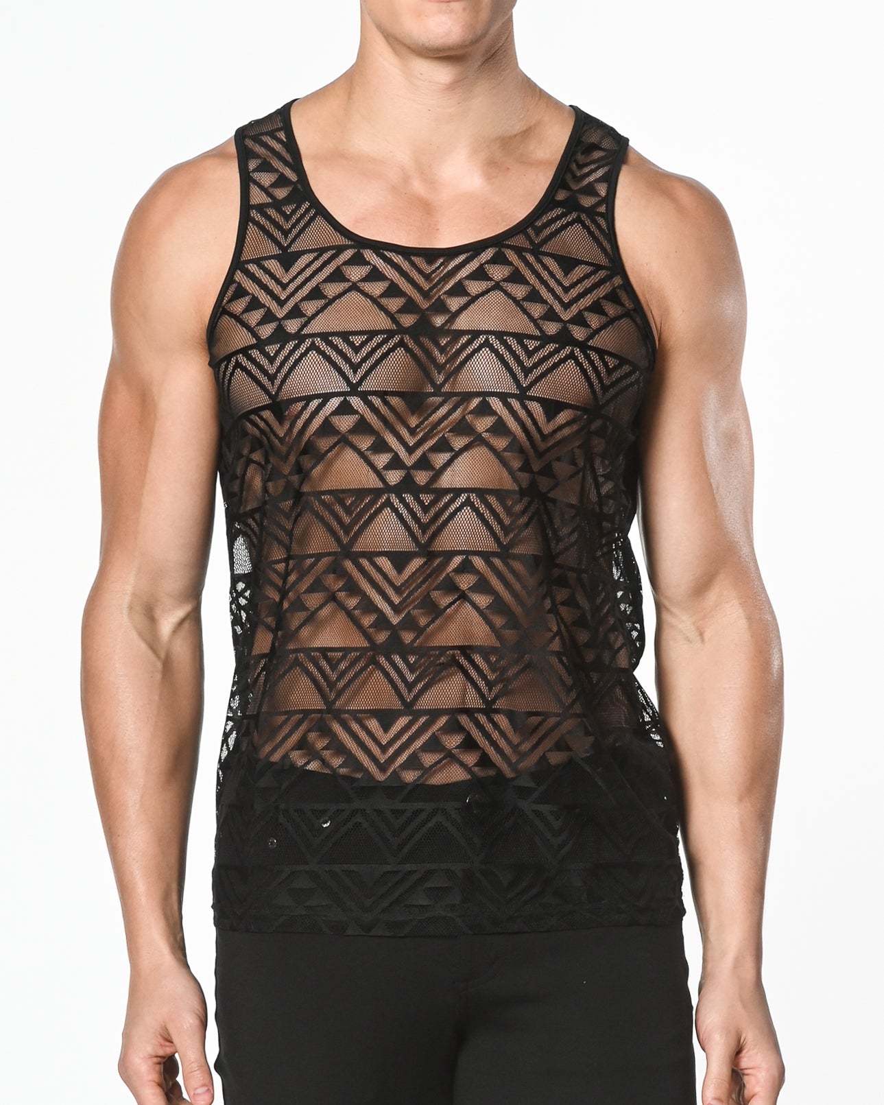 BLACK GEO ANGLES STRETCH GOSSAMER LACE TANK TOP ST-267