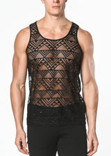 BLACK GEO ANGLES STRETCH GOSSAMER LACE TANK TOP ST-267