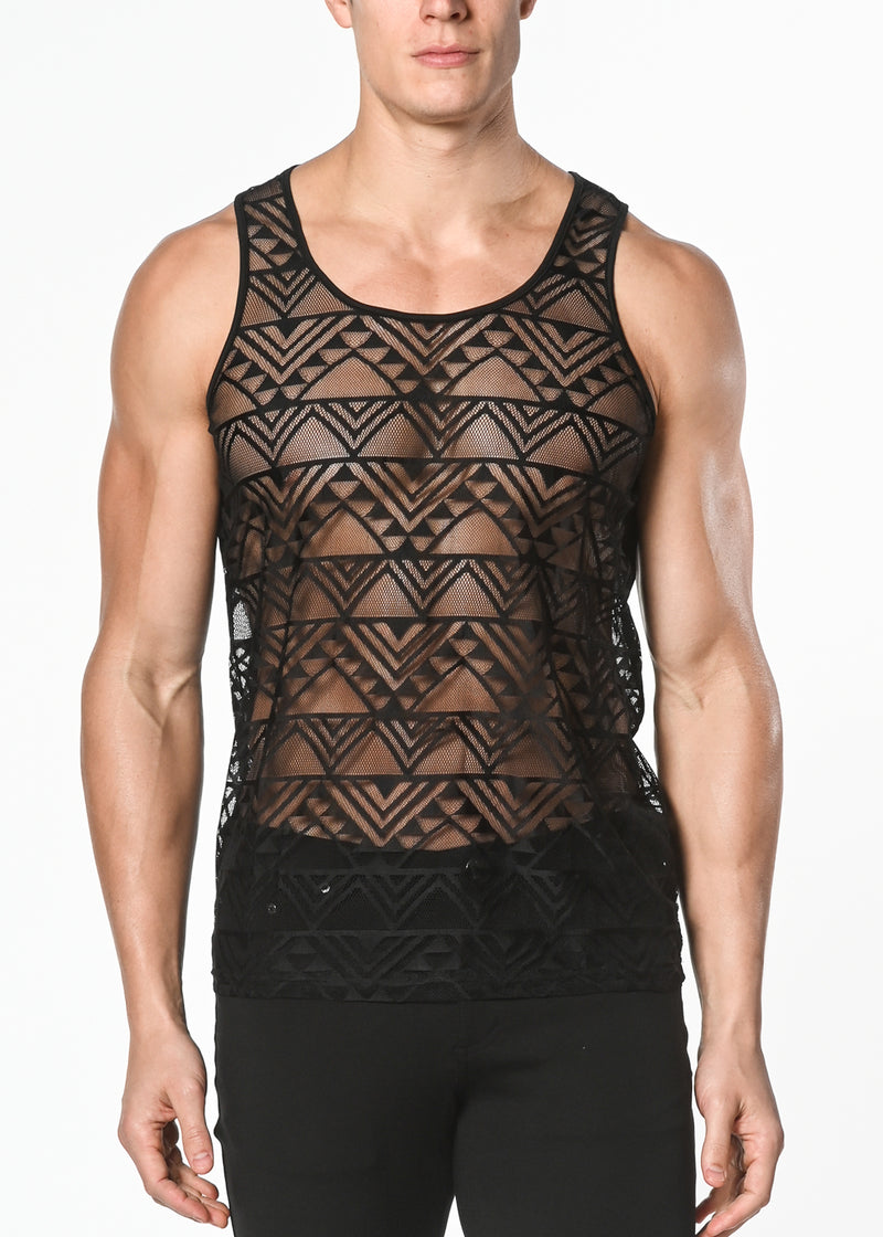 BLACK GEO ANGLES STRETCH GOSSAMER LACE TANK TOP ST-267