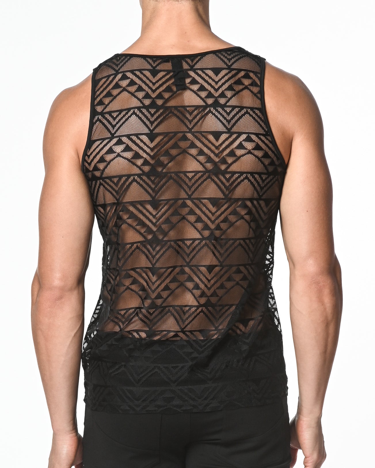 BLACK GEO ANGLES STRETCH GOSSAMER LACE TANK TOP ST-267