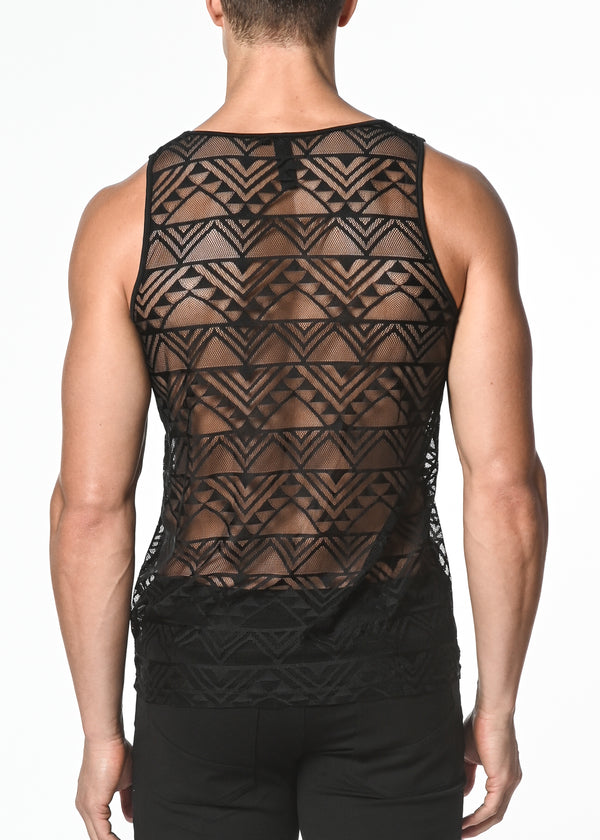 BLACK GEO ANGLES STRETCH GOSSAMER LACE TANK TOP ST-267