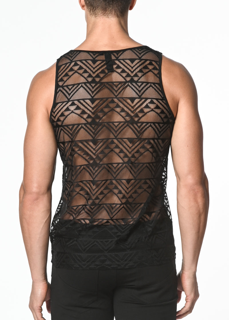 BLACK GEO ANGLES STRETCH GOSSAMER LACE TANK TOP ST-267