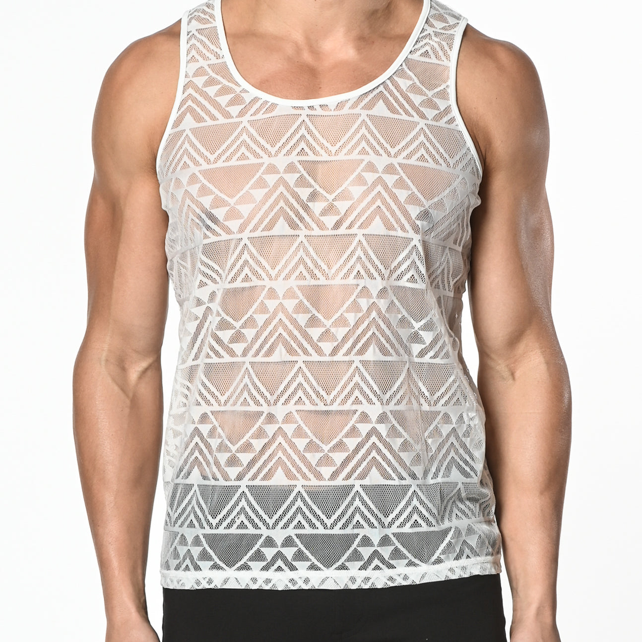 WHITE GEO ANGLES STRETCH GOSSAMER LACE TANK TOP ST-267