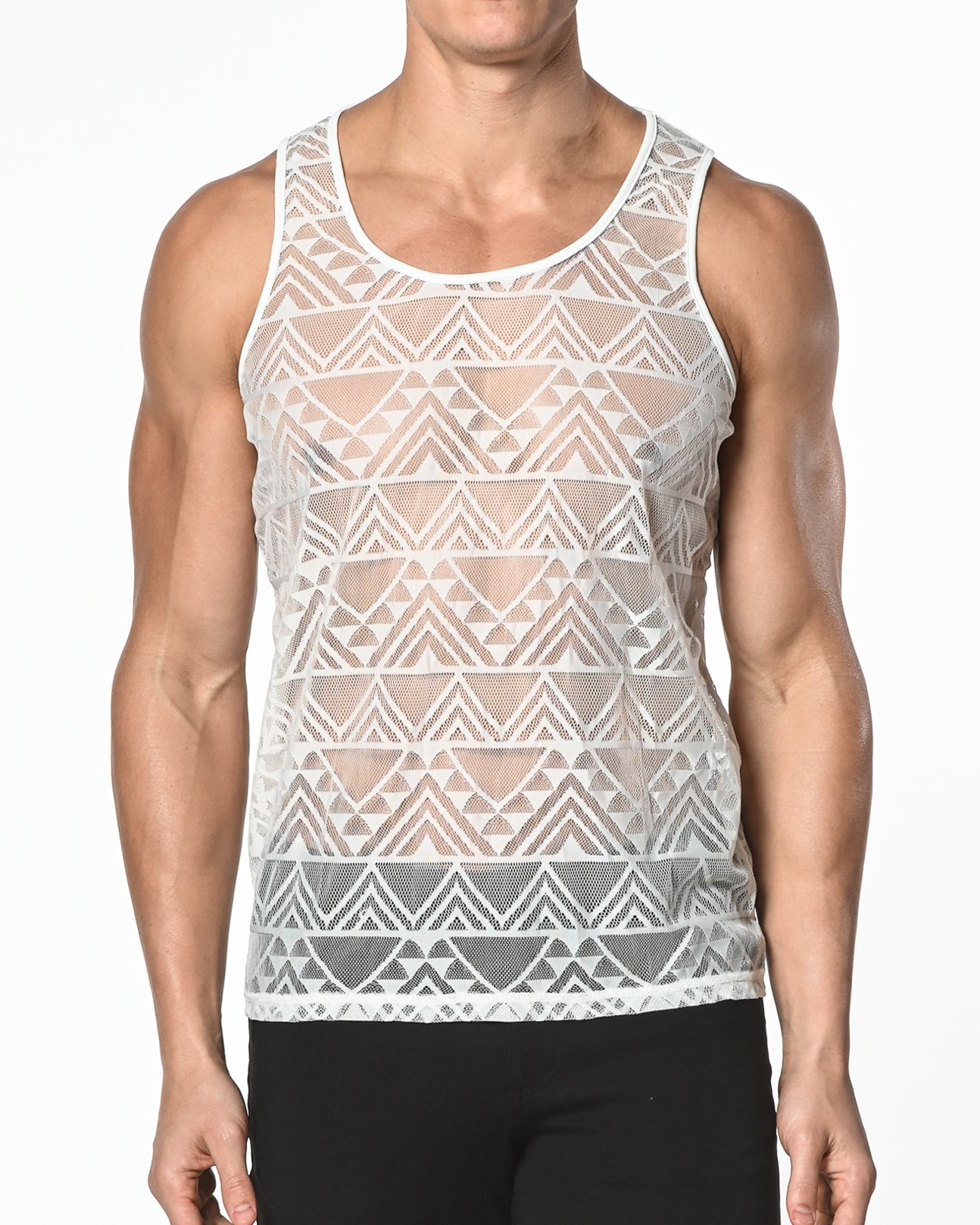 WHITE GEO ANGLES STRETCH GOSSAMER LACE TANK TOP ST-267