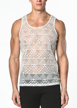 WHITE GEO ANGLES STRETCH GOSSAMER LACE TANK TOP ST-267
