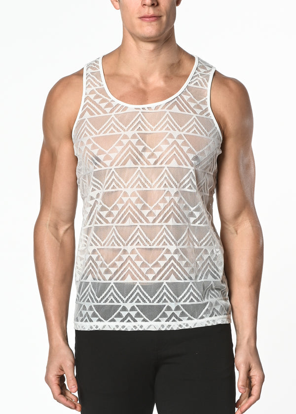 WHITE GEO ANGLES STRETCH GOSSAMER LACE TANK TOP ST-267
