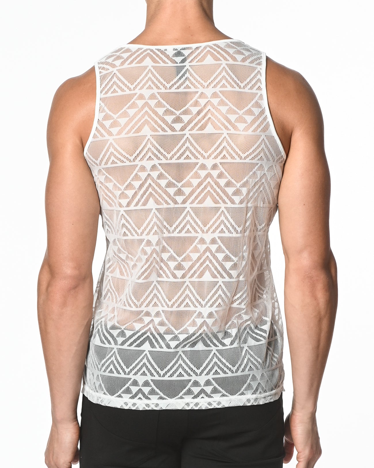 WHITE GEO ANGLES STRETCH GOSSAMER LACE TANK TOP ST-267