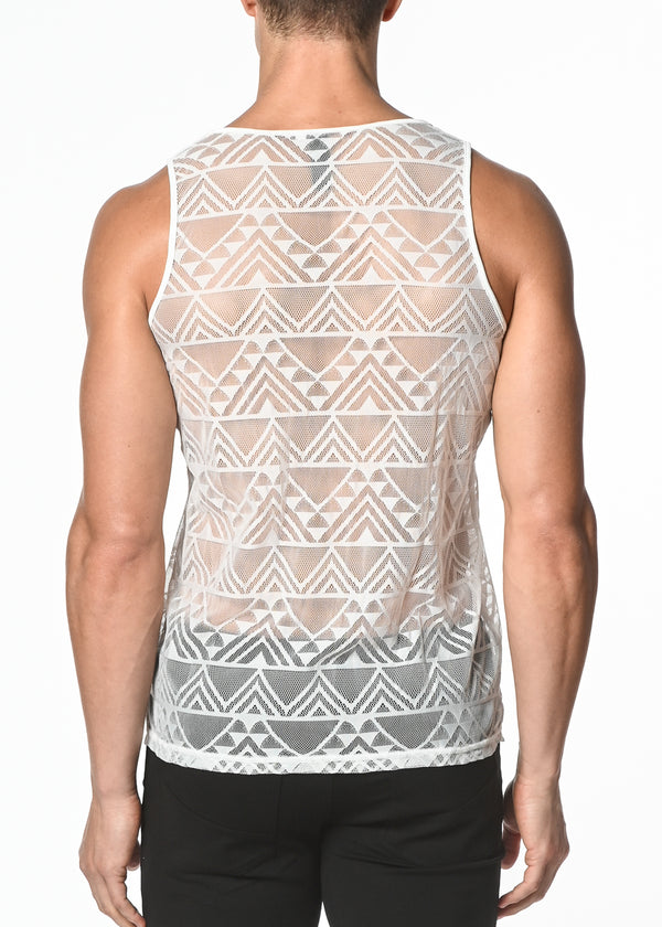 WHITE GEO ANGLES STRETCH GOSSAMER LACE TANK TOP ST-267