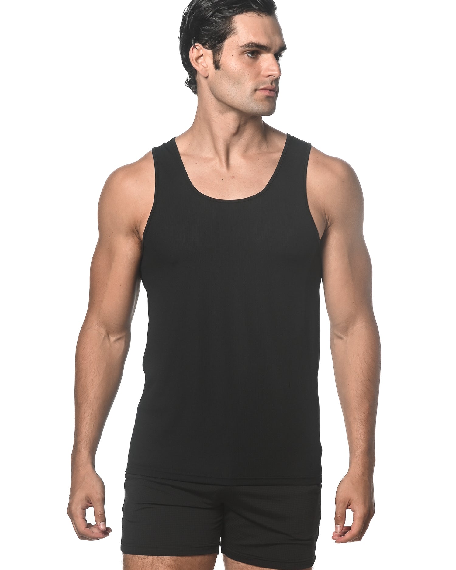 BLACK TEXTURED STRETCH MESH PERFORMANCE SINGLET ST-280