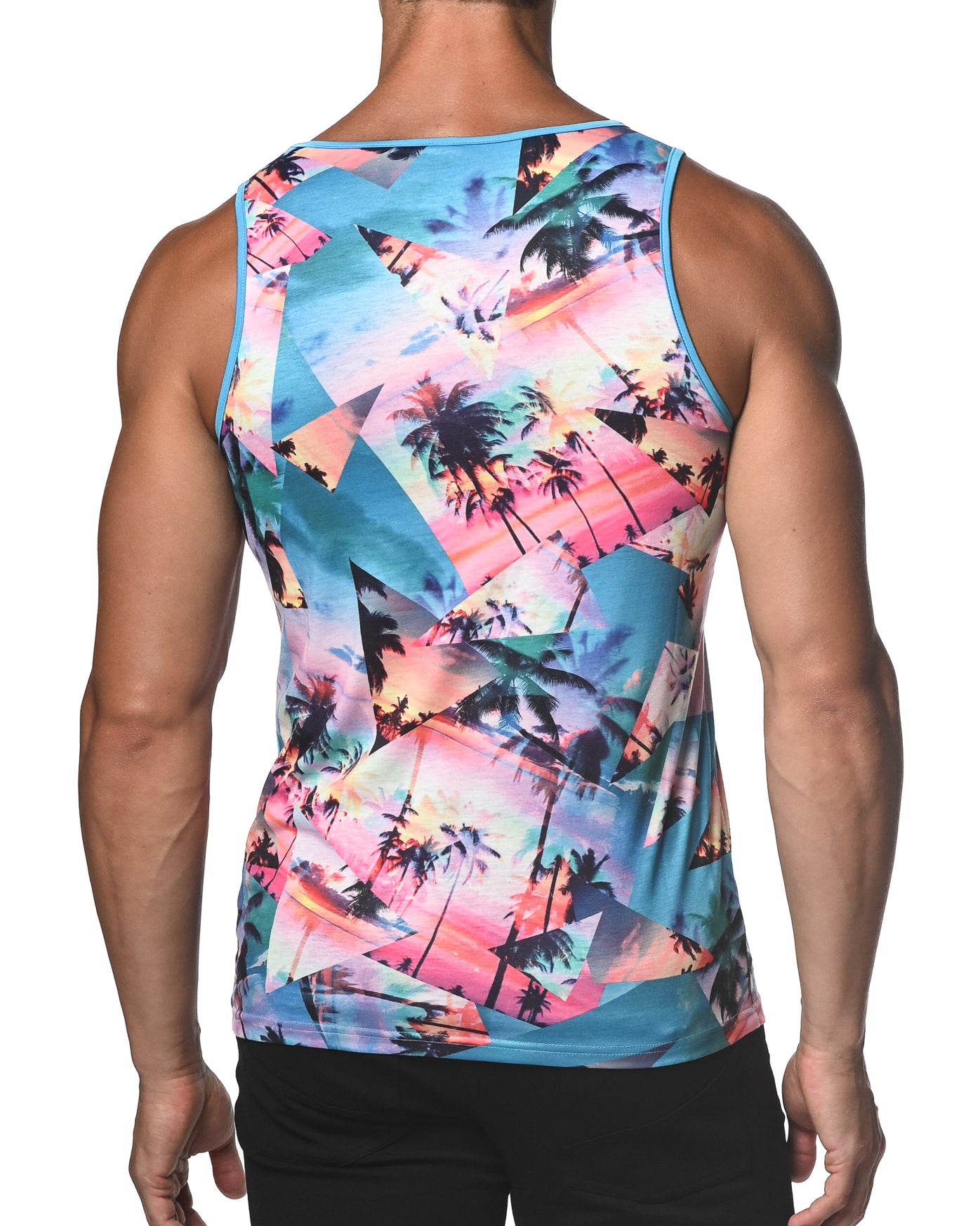 TURQUOISE PALM COLLAGE PRINTED STRETCH JERSEY KNIT TANK TOP  ST-470