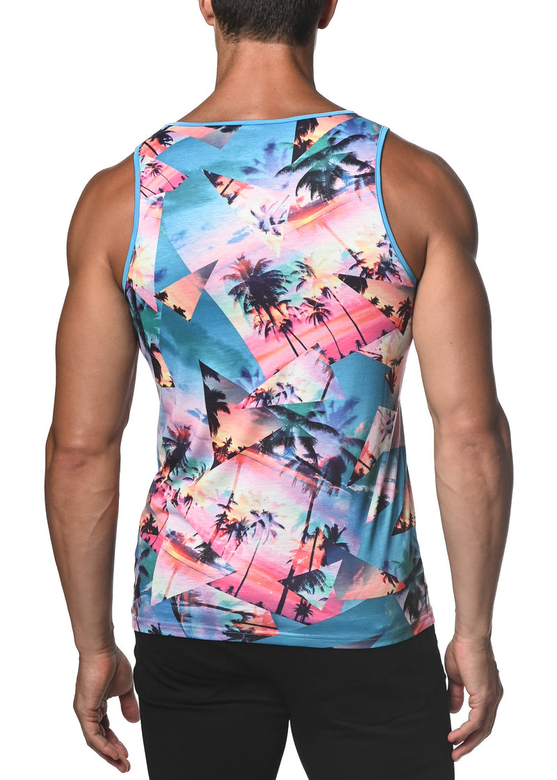 TURQUOISE PALM COLLAGE PRINTED STRETCH JERSEY KNIT TANK TOP  ST-470