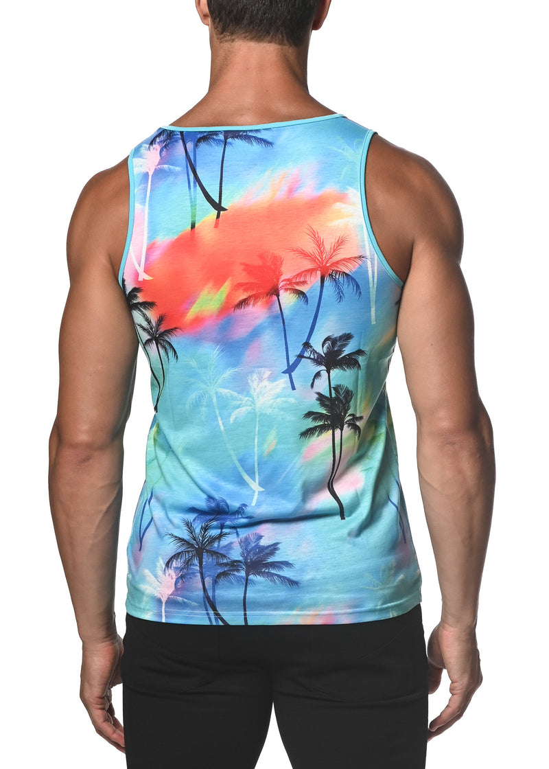 AZURE PALMS PRINTED STRETCH JERSEY KNIT TANK TOP  ST-471