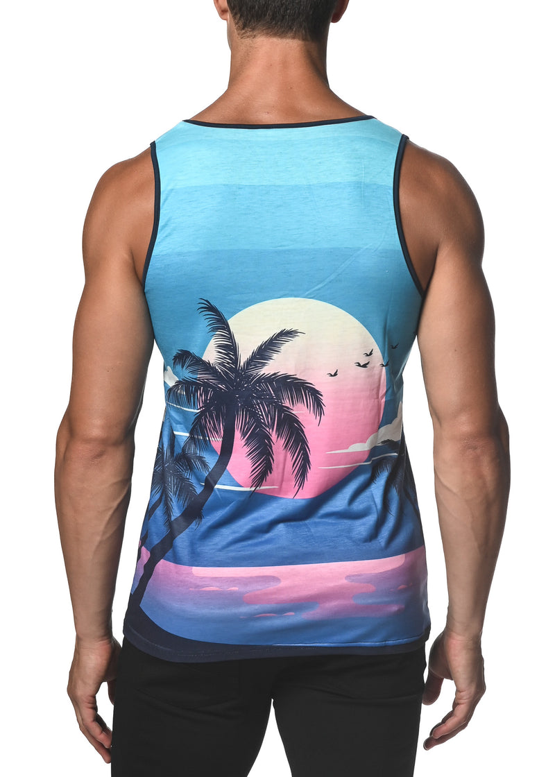 TEAL PALM BEACH PRINTED STRETCH JERSEY KNIT TANK TOP  ST-473