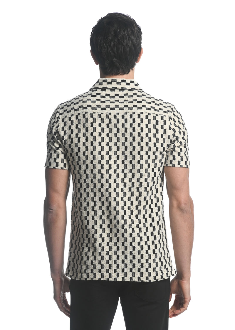 BLACK/ WHITE CHECKERS OPEN KNIT GOSSAMER SHORT SLEEVE SHIRT ST-48031