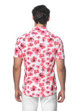FUCHSIA/BLUSH FLORAL PRINTED OPEN KNIT STRETCH SHORT SLEEVE SHIRT ST-48060