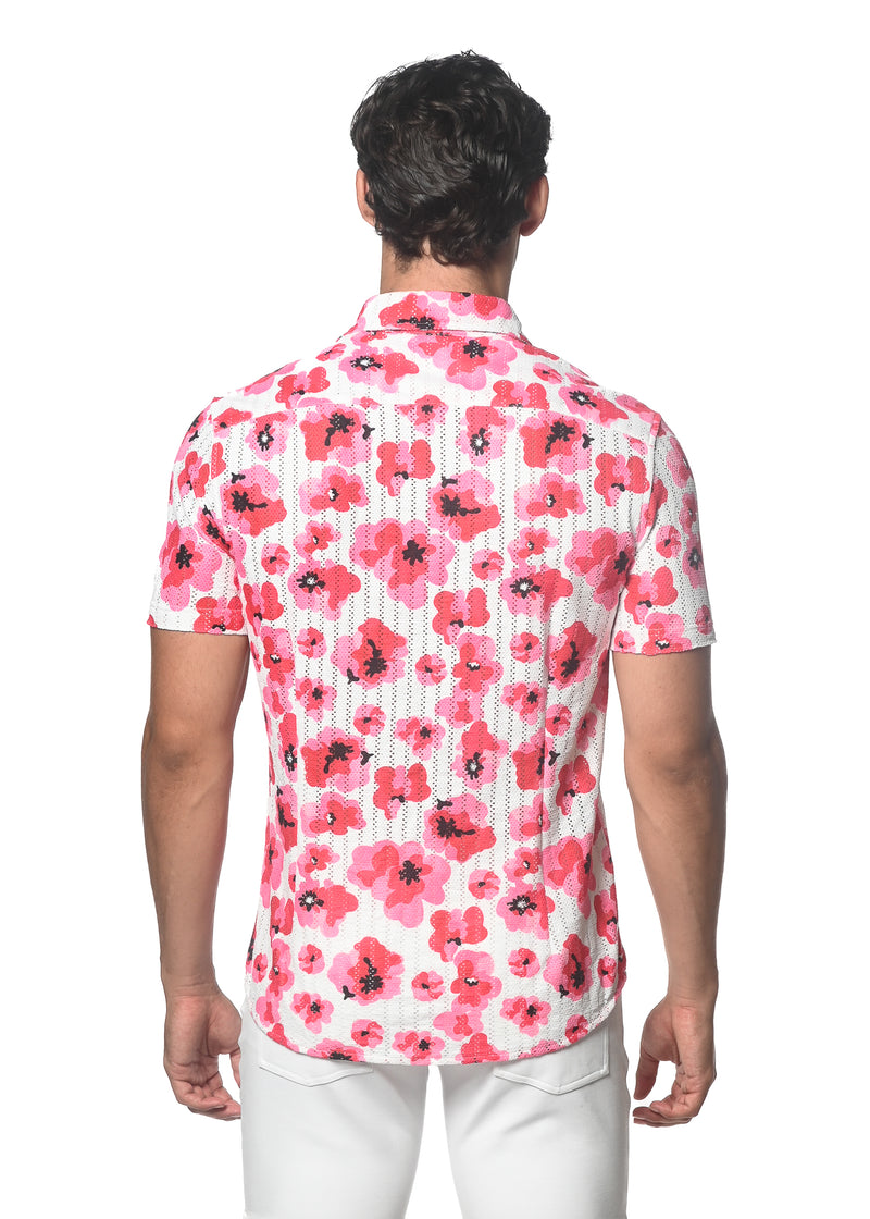 FUCHSIA/BLUSH FLORAL PRINTED OPEN KNIT STRETCH SHORT SLEEVE SHIRT ST-48060
