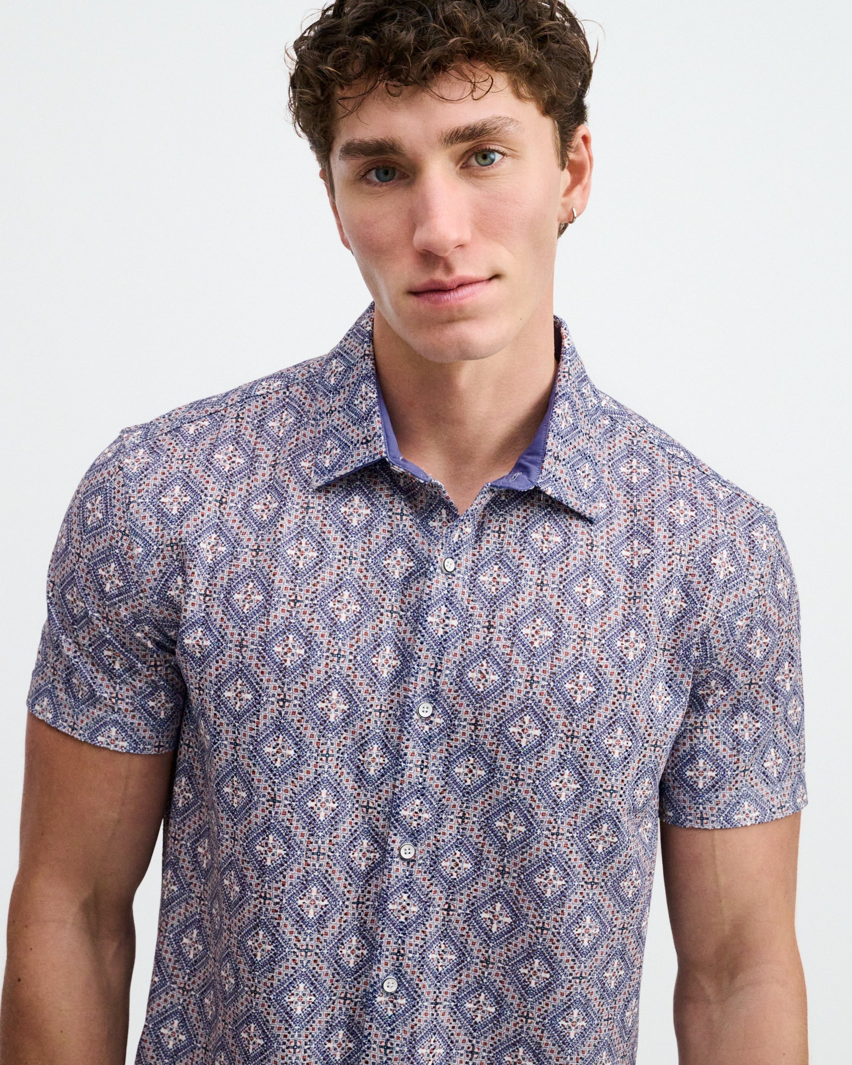 BLUEBERRY/PETAL DIAMONDS PRINTED OPEN KNIT STRETCH SHORT SLEEVE SHIRT ST-48079