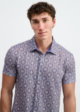 BLUEBERRY/PETAL DIAMONDS PRINTED OPEN KNIT STRETCH SHORT SLEEVE SHIRT ST-48079